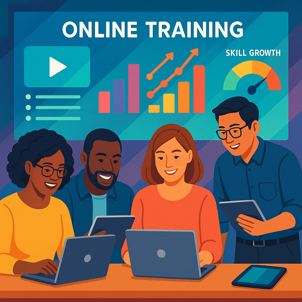 A diverse team collaborating on laptops and tablet