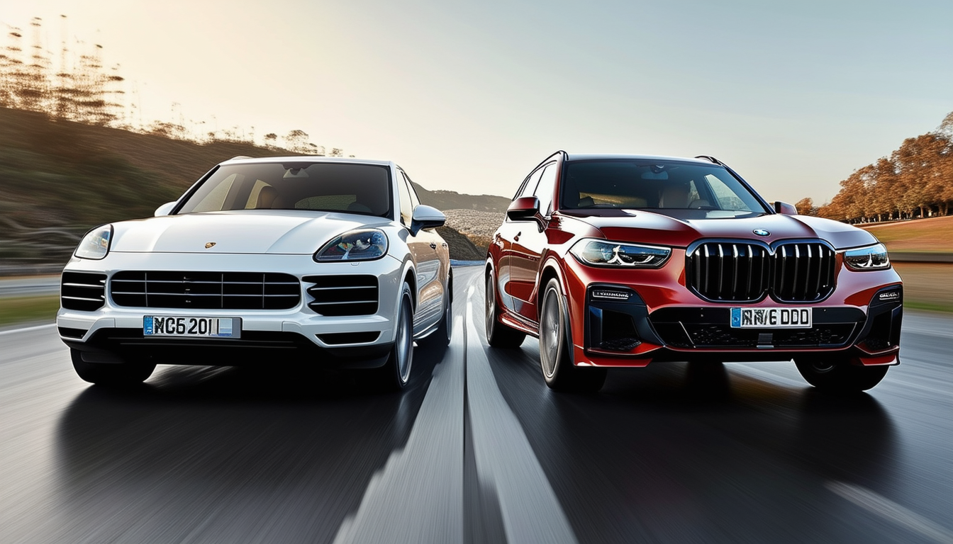 A dynamic side-by-side image of the Porsche Cayenn