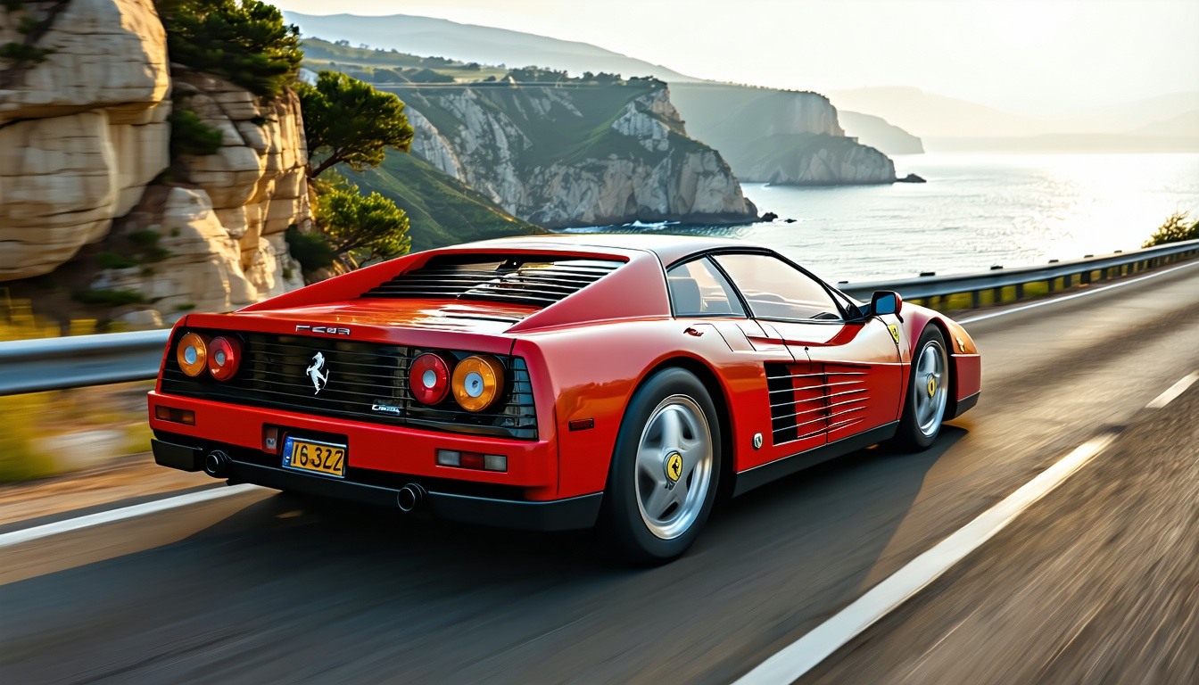 A stunning Ferrari Testarossa cruising down a scen
